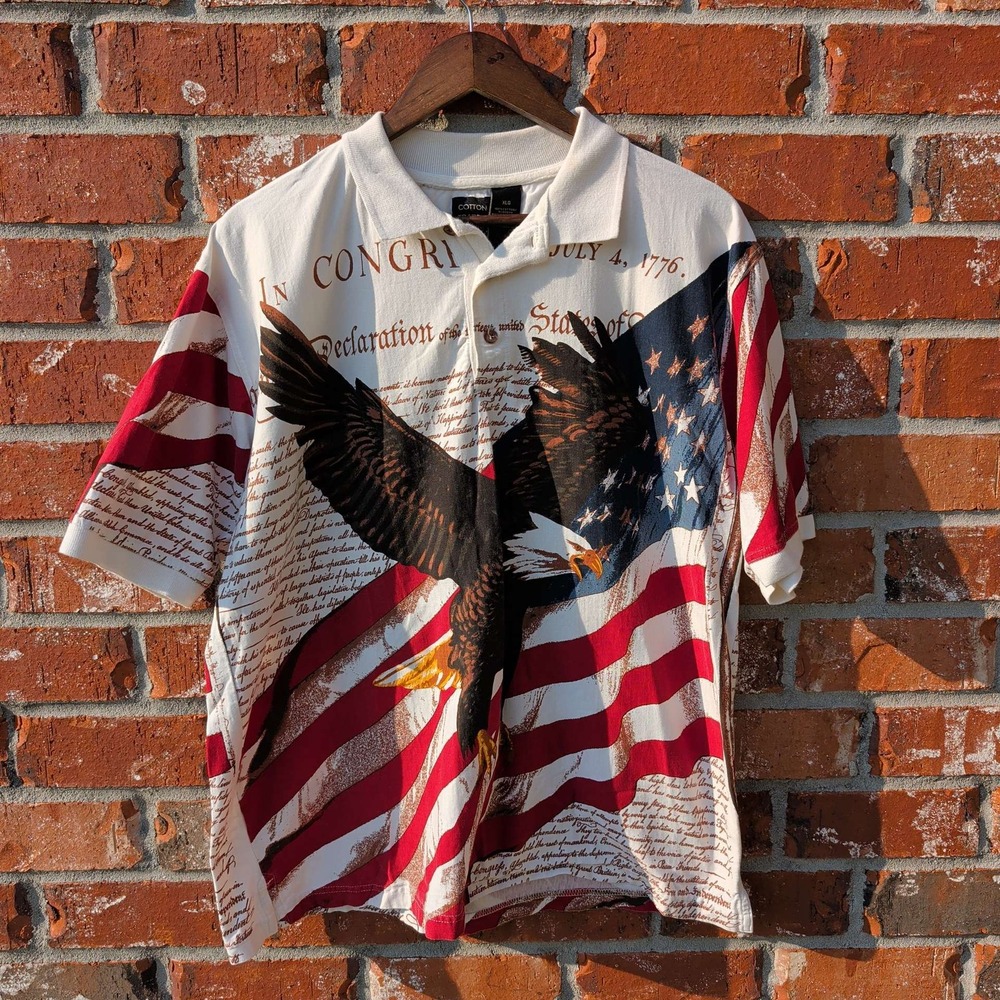 Cotton Traders Sport Polo Shirt Mens XL White Patriotic Eagle USA Flag AOP